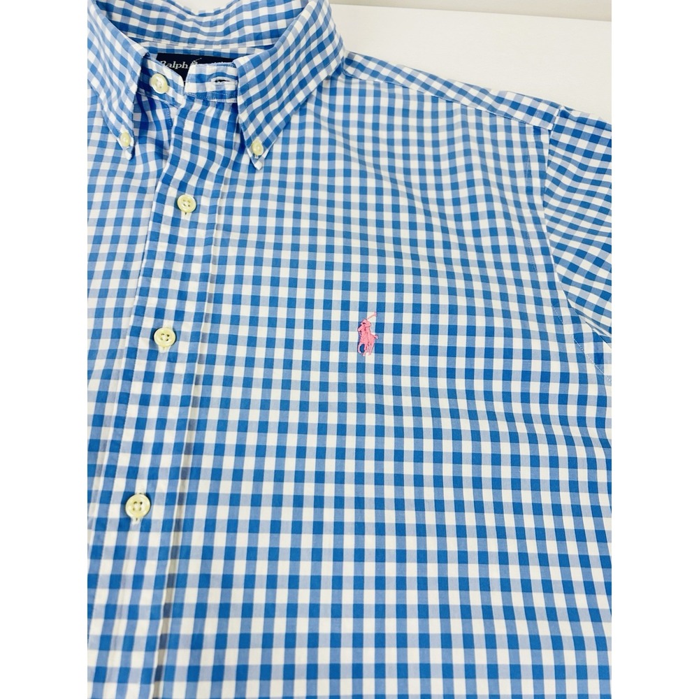 Ralph Lauren Classic Fit 100% Cotton Blue Gingham Short Sleeve Button Up Shirt
